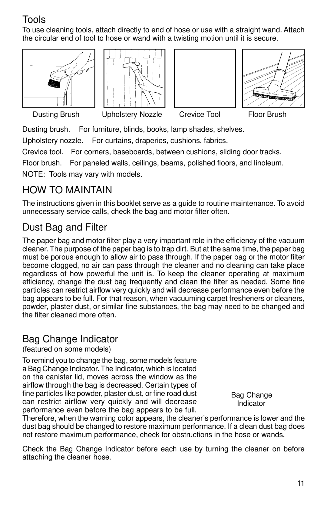 Eureka 6799, 6899, 6877, 6750 warranty Tools, HOW to Maintain, Dust Bag and Filter, Bag Change Indicator 