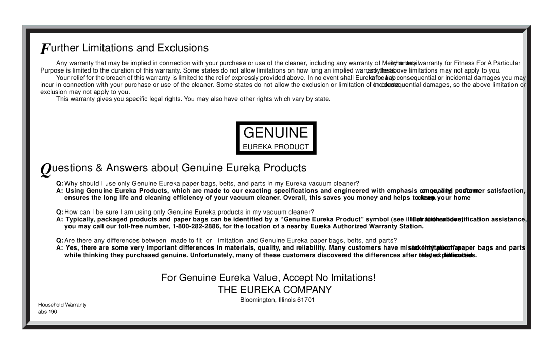 Eureka 6799, 6899, 6877, 6750 warranty Genuine 