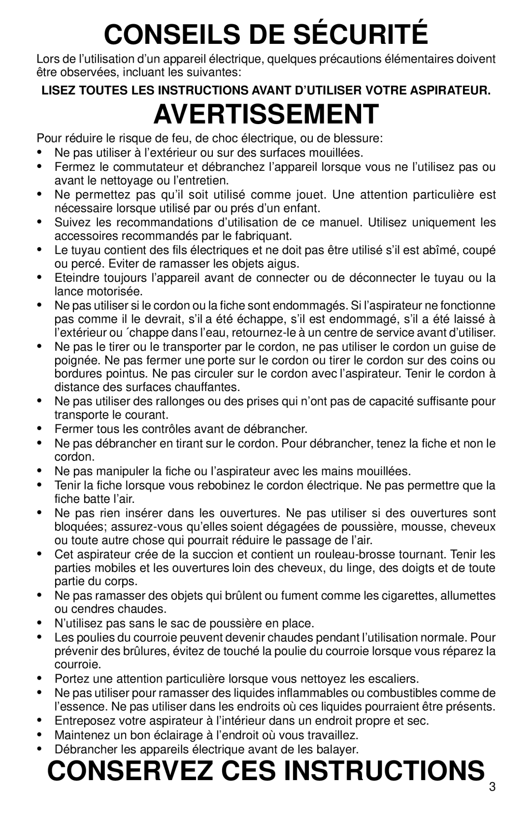 Eureka 6799, 6899, 6877, 6750 warranty Conseils DE Sécurité 