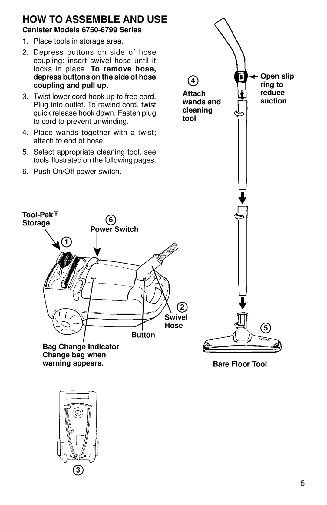 Eureka 6877, 6899 warranty HOW to Assemble and USE, Canister Models 6750-6799 Series, Open slip, Ring to 