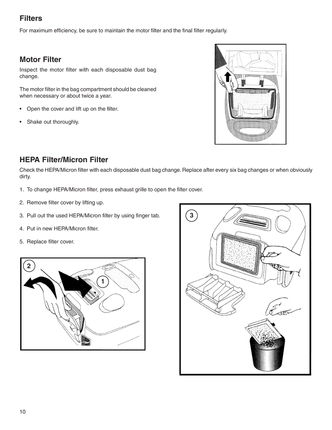 Eureka 6900 Series warranty Filters, Motor Filter, Hepa Filter/Micron Filter 