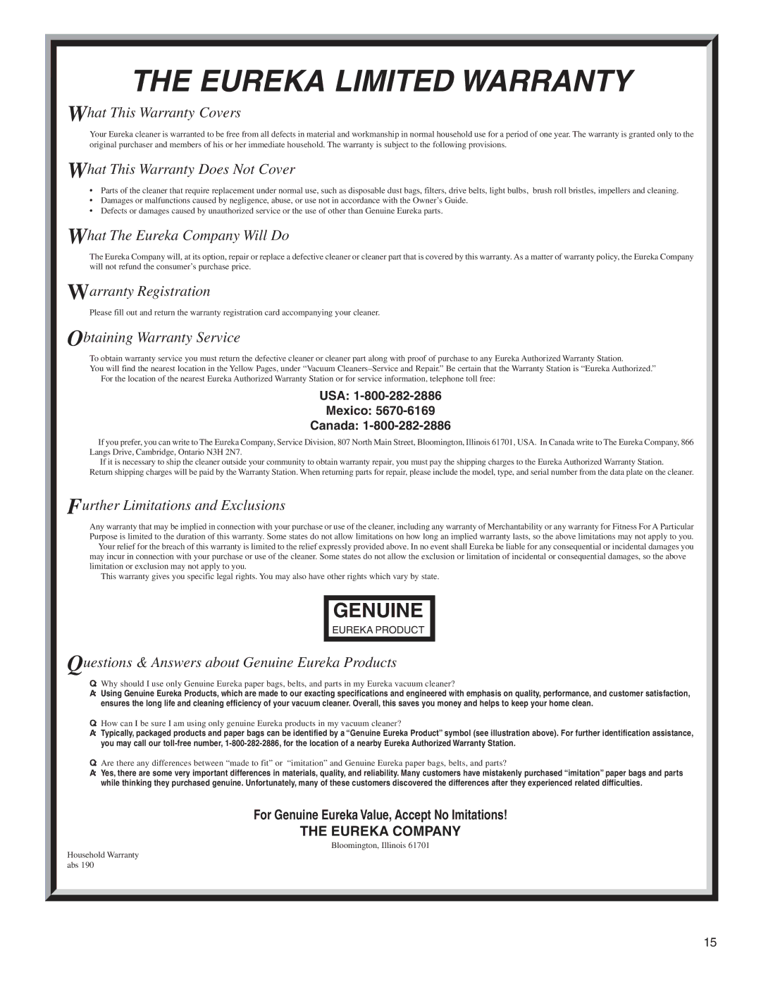 Eureka 6900 Series warranty Eureka Limited Warranty, USA Mexico Canada 