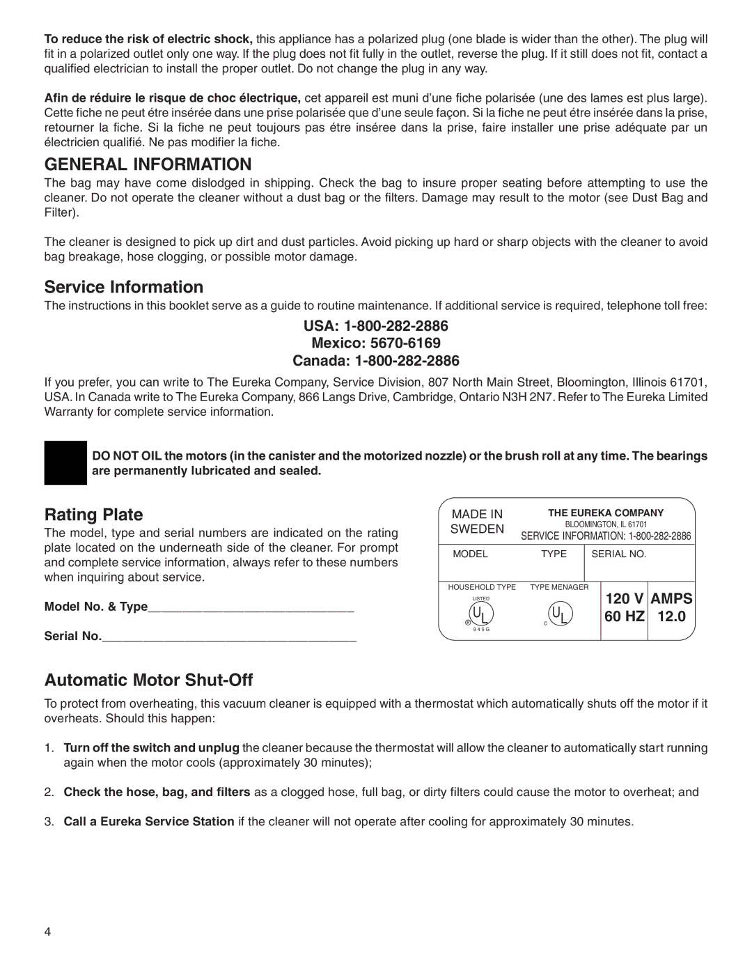 Eureka 6900 Series warranty Service Information, Rating Plate, Automatic Motor Shut-Off 