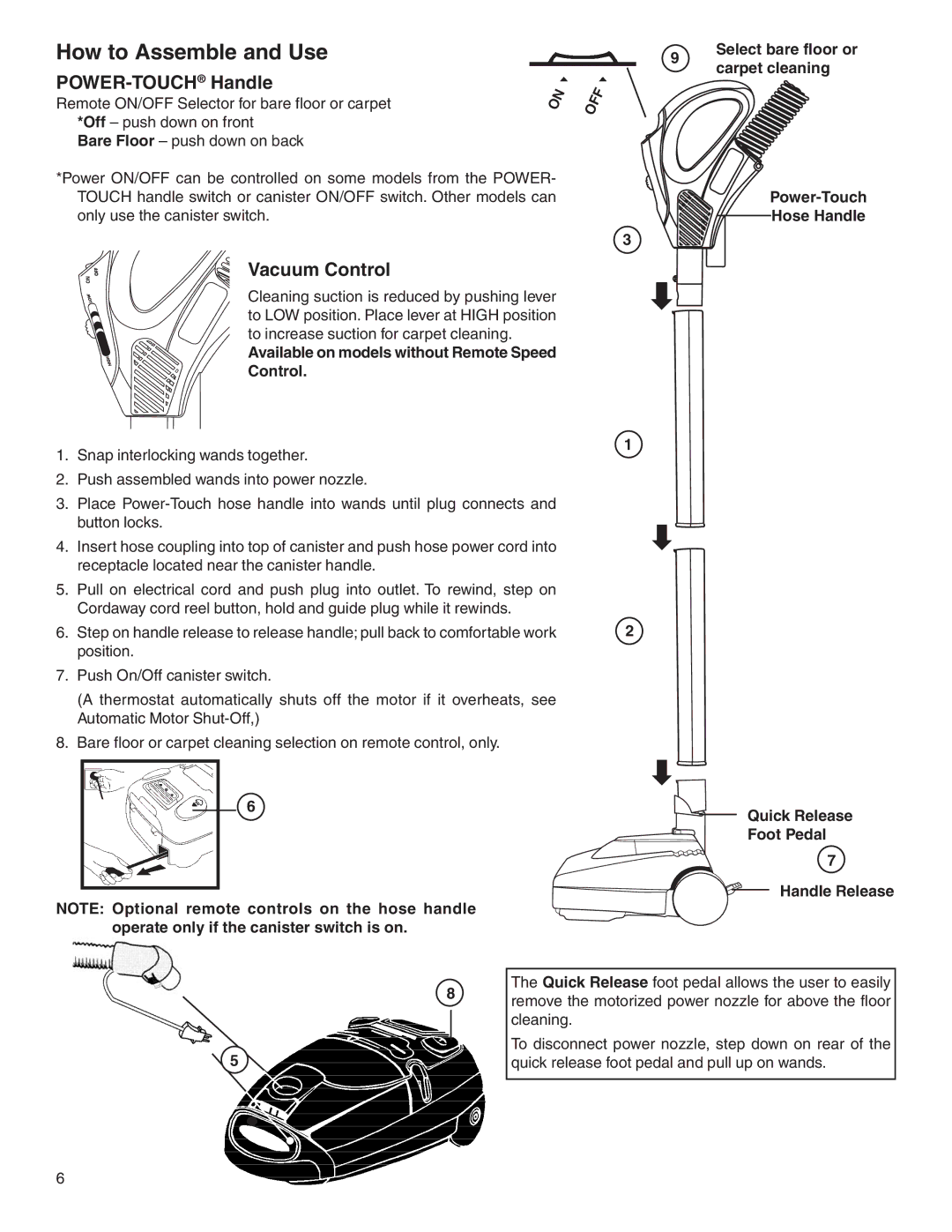 Eureka 6900 Series How to Assemble and Use, POWER-TOUCHHandle, Vacuum Control, Quick Release Foot Pedal Handle Release 