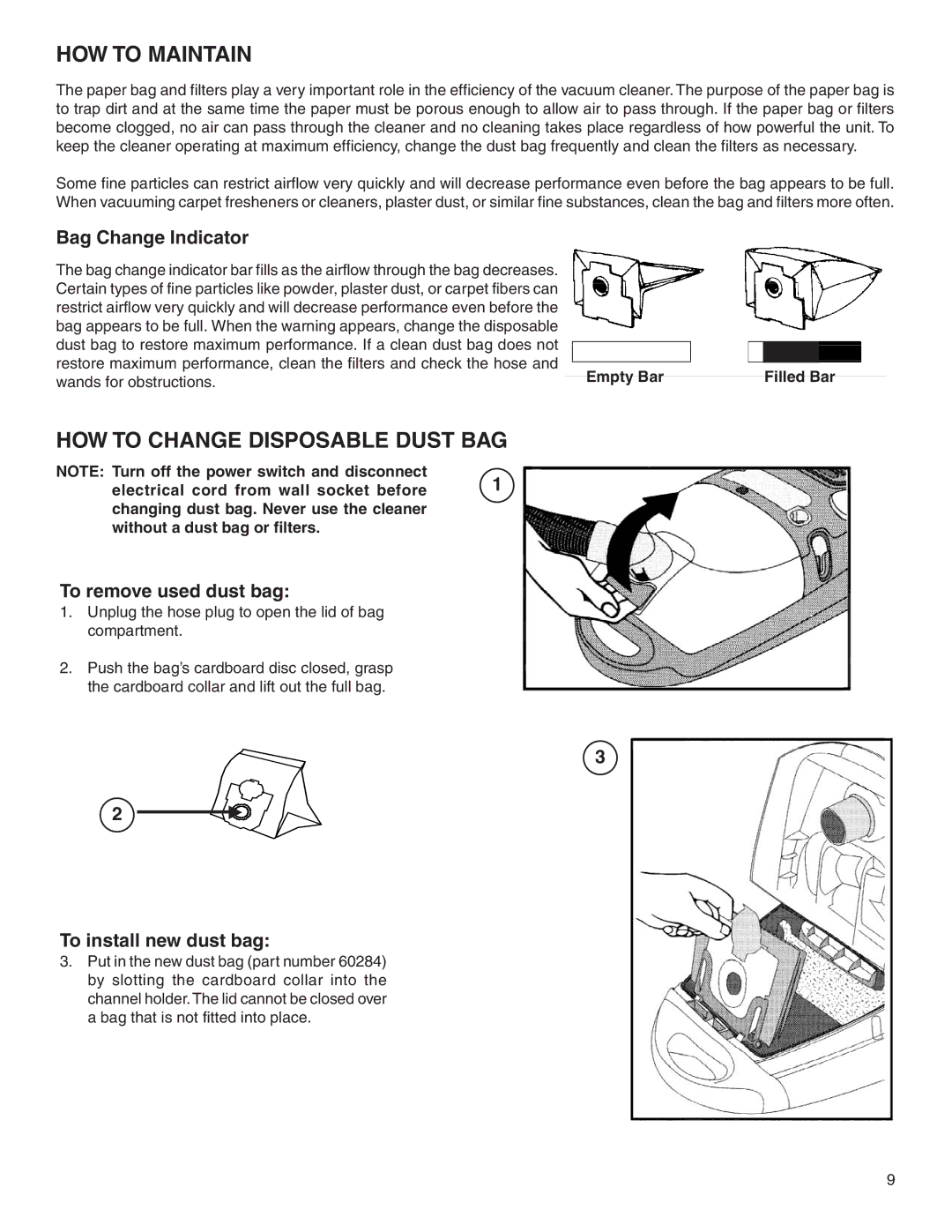 Eureka 6900 Series warranty Bag Change Indicator, To remove used dust bag, To install new dust bag, Empty Bar 