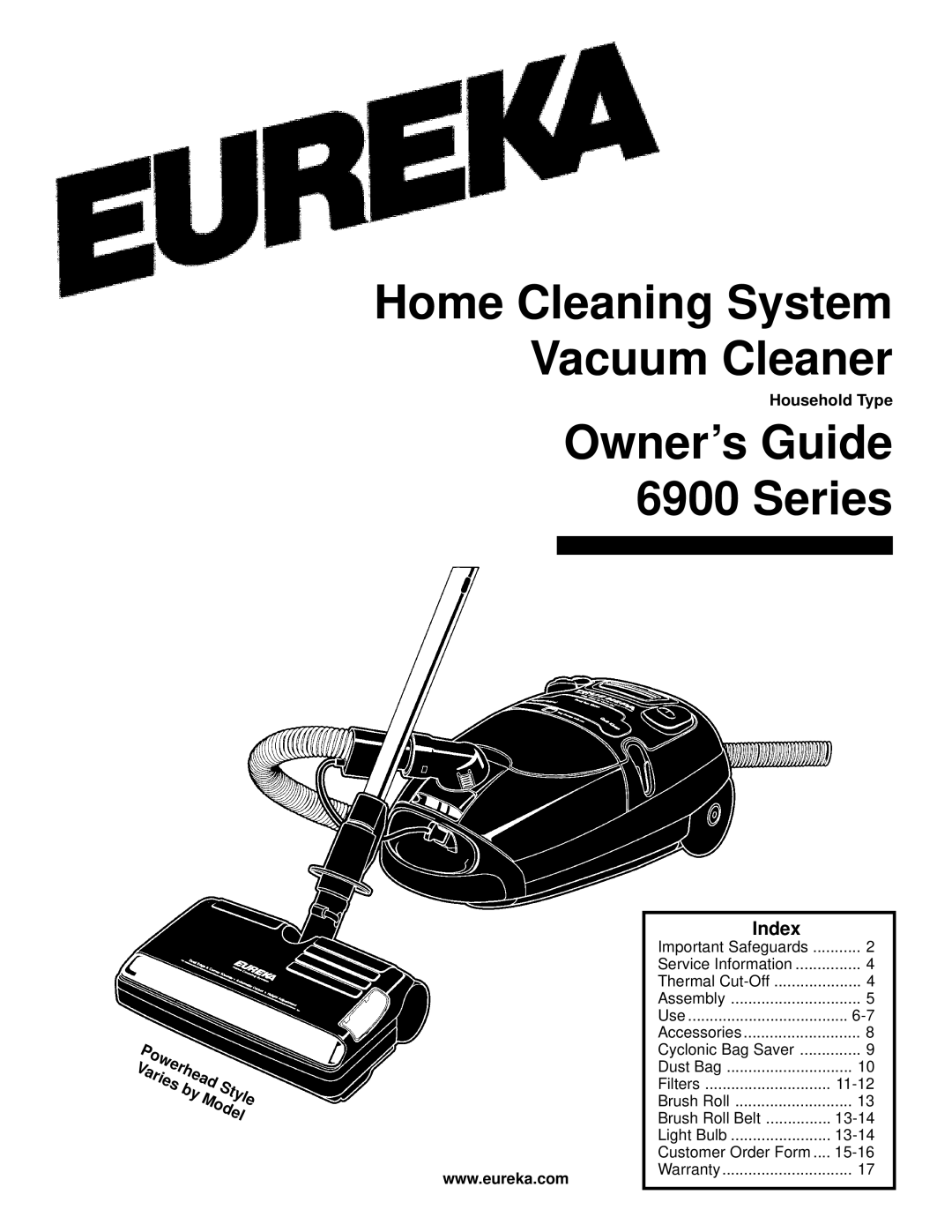 Eureka 6900 Series warranty Index, Household Type 