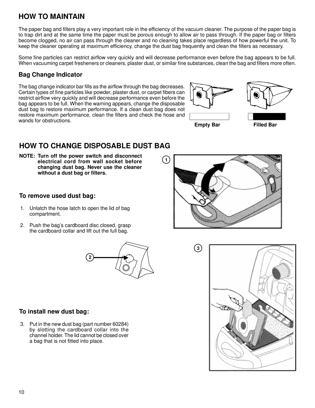 Eureka 6900 Series warranty Bag Change Indicator, To remove used dust bag, To install new dust bag, Empty Bar 