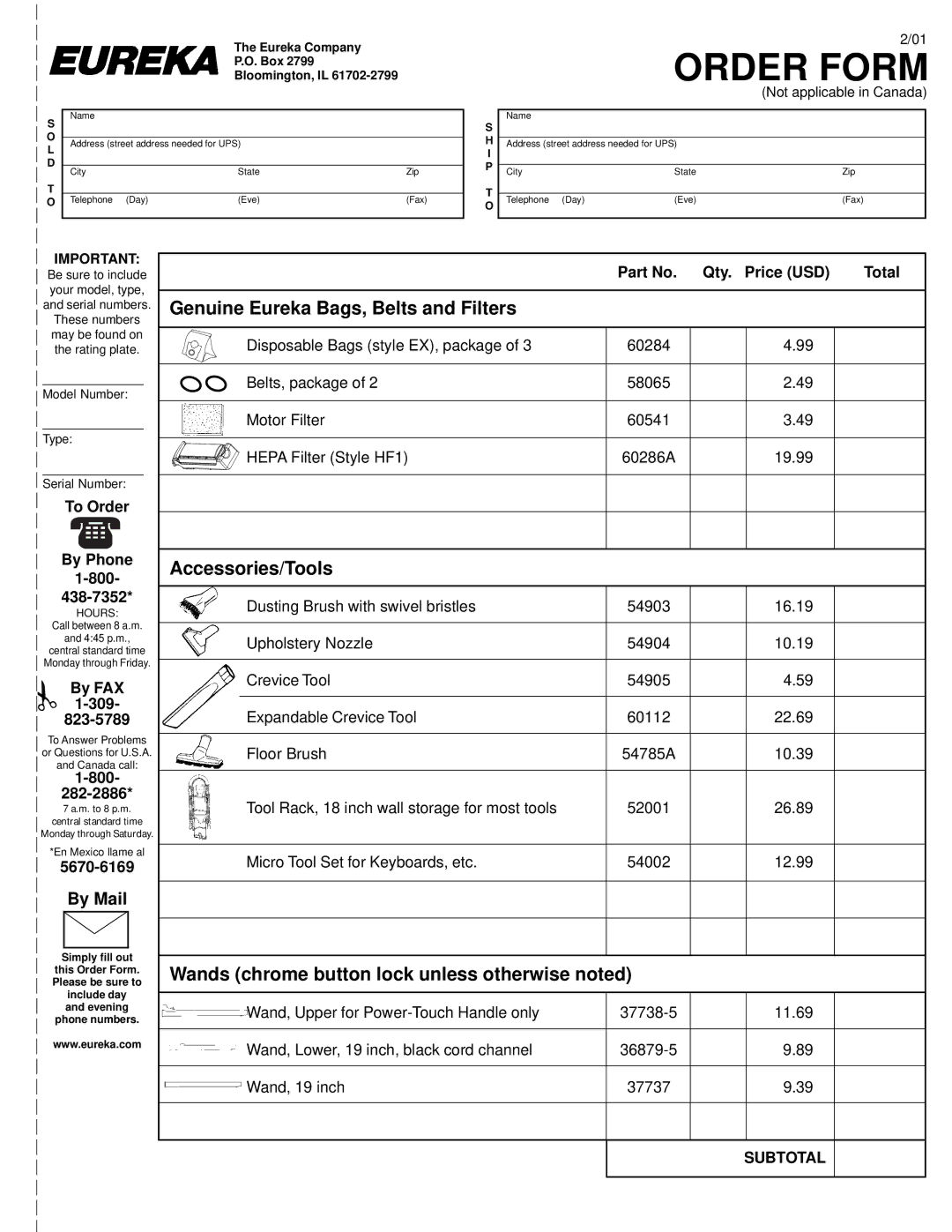 Eureka 6900 Series warranty Genuine Eureka Bags, Belts and Filters, Accessories/Tools 