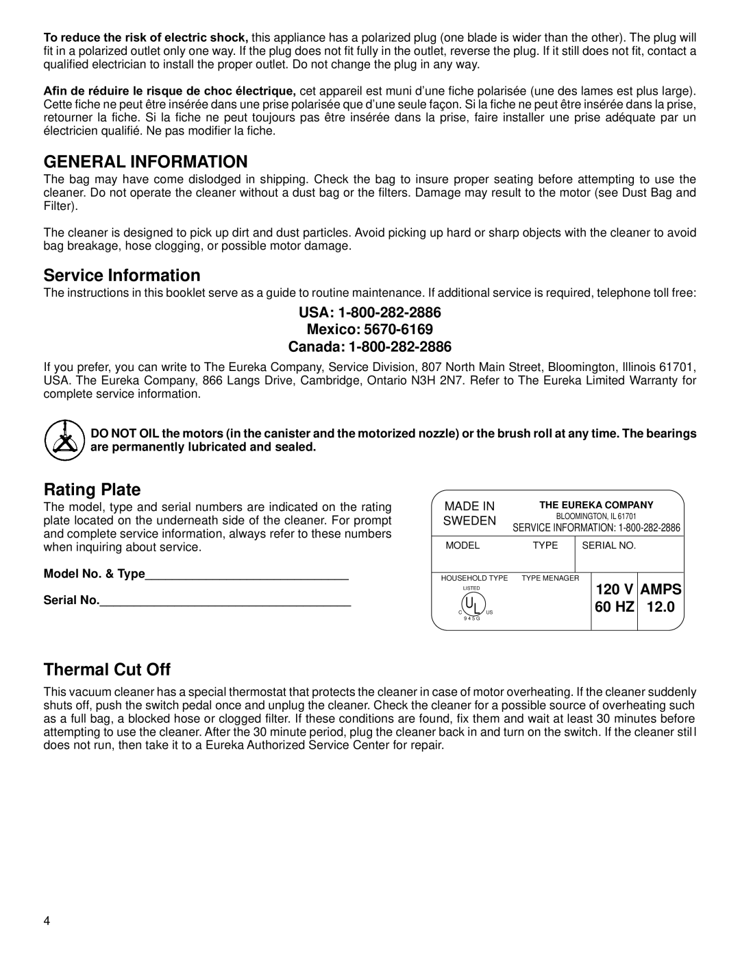 Eureka 6900 Series warranty Service Information, Rating Plate, Thermal Cut Off 