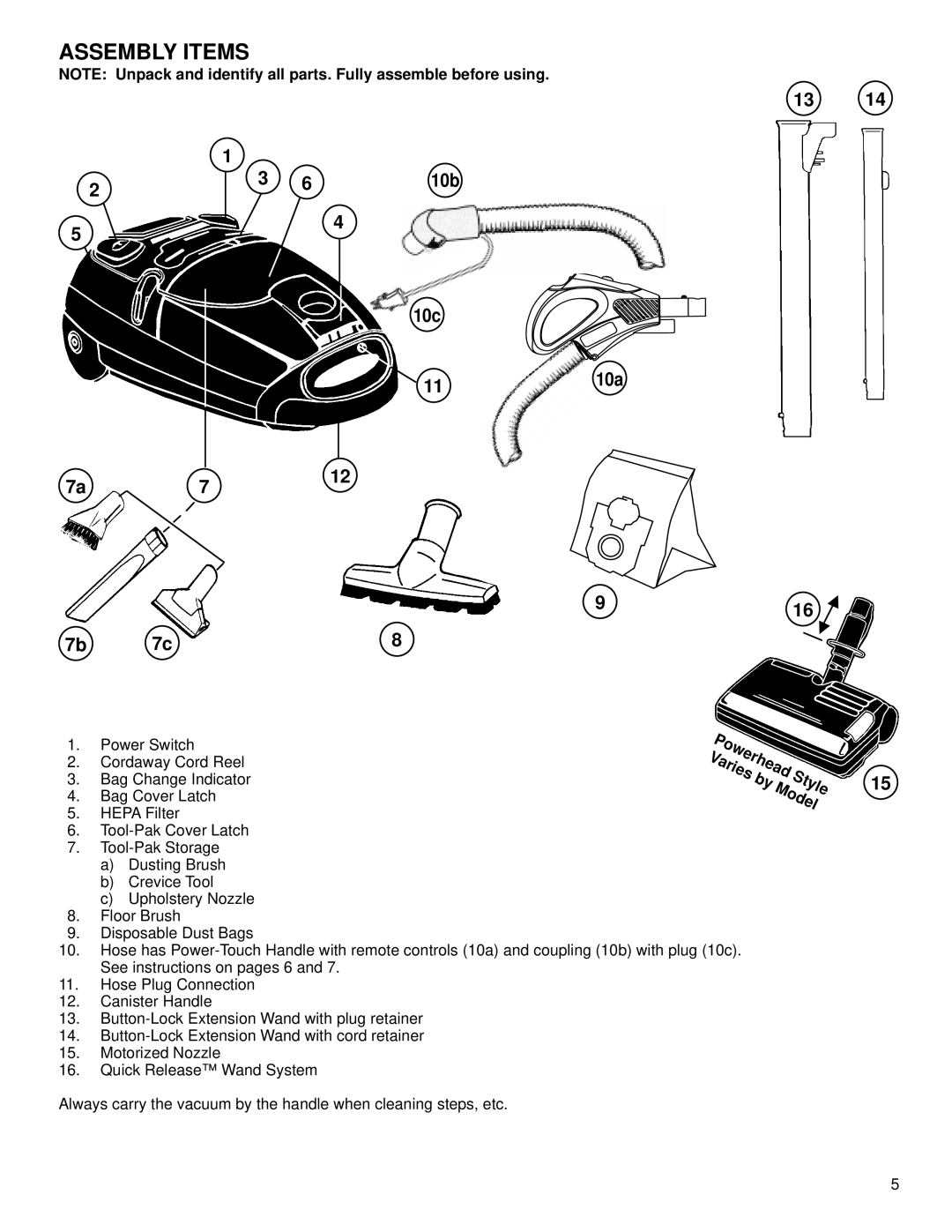 Eureka 6900 Series warranty Assembly Items, 10c 1110a 