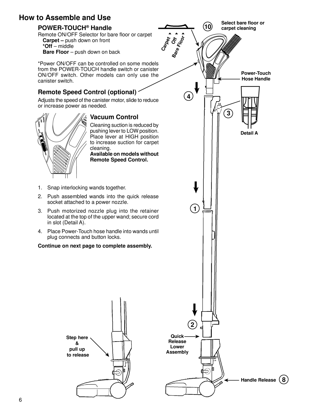 Eureka 6900 Series warranty How to Assemble and Use, POWER-TOUCHHandle, Remote Speed Control optional, Vacuum Control 