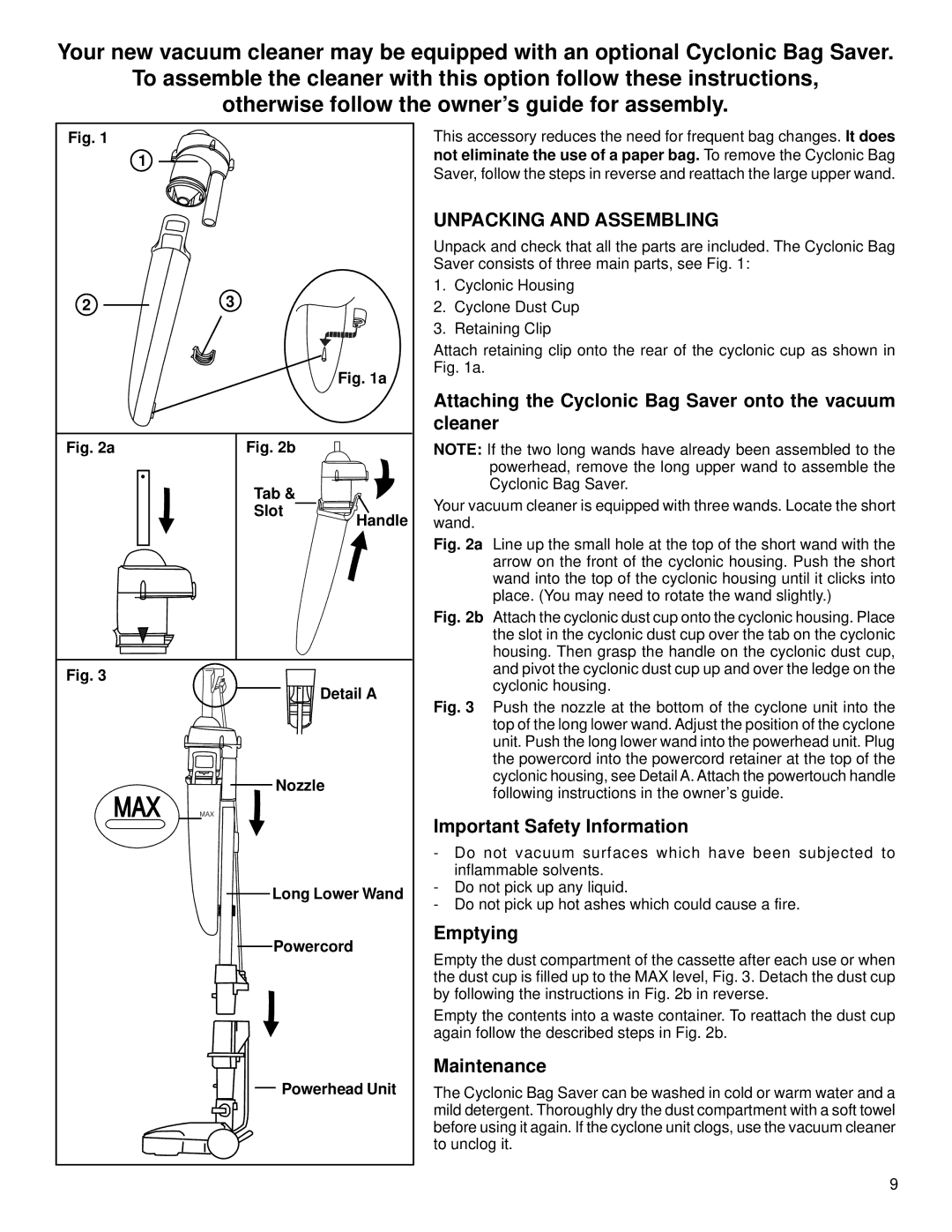 Eureka 6900 Series Attaching the Cyclonic Bag Saver onto the vacuum cleaner, Important Safety Information, Emptying 