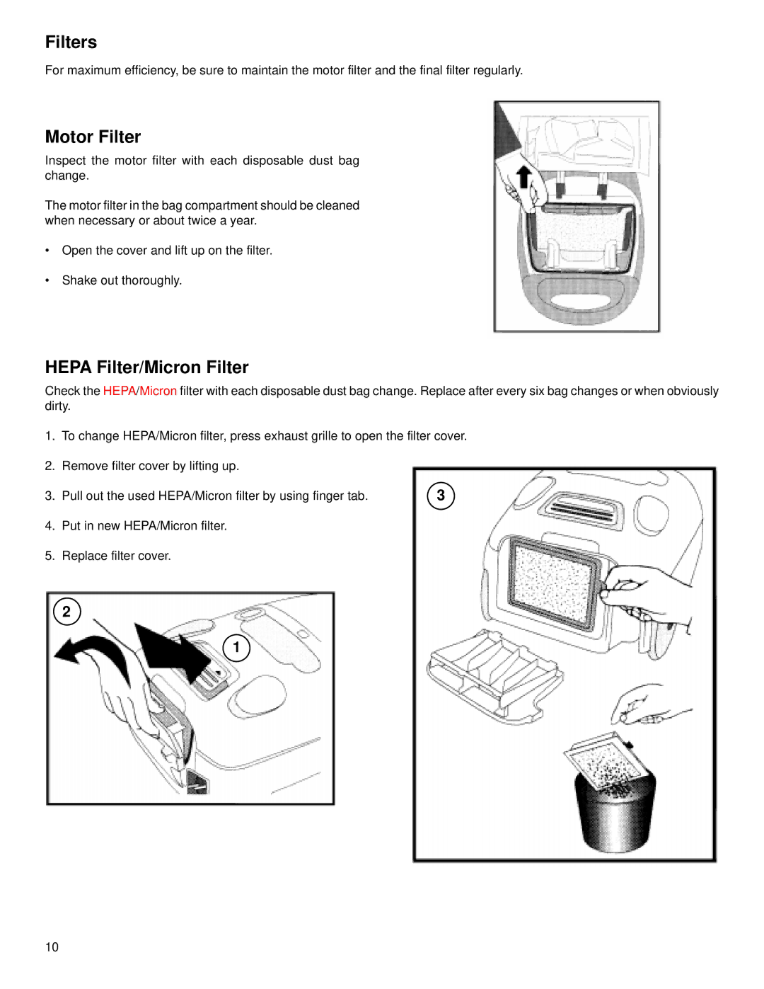 Eureka 6900 warranty Filters, Motor Filter, Hepa Filter/Micron Filter 