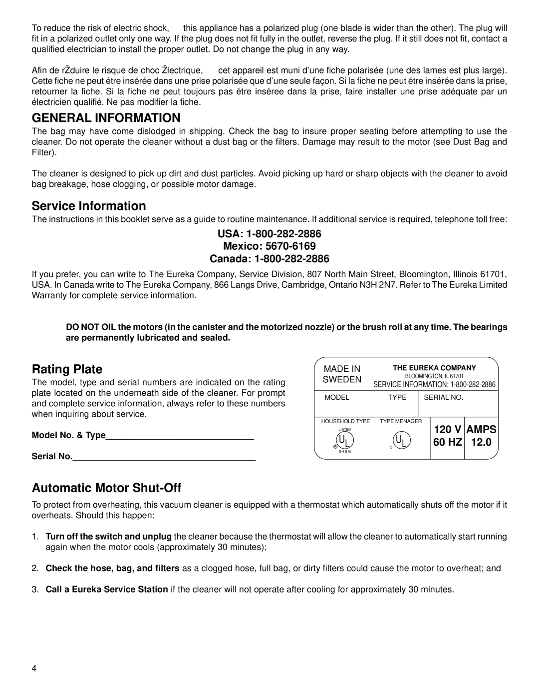 Eureka 6900 warranty General Information, Service Information, Rating Plate, Automatic Motor Shut-Off 