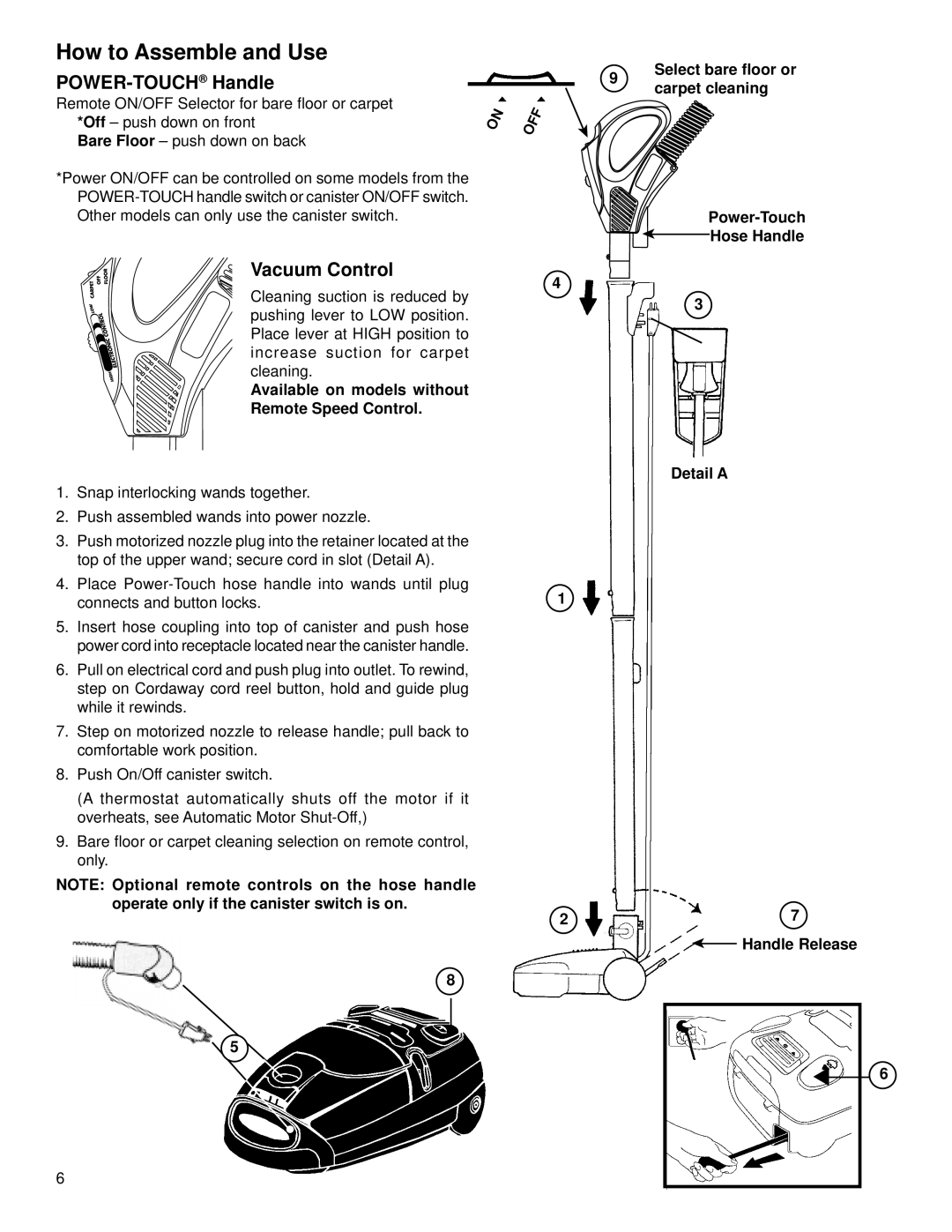 Eureka 6900 warranty How to Assemble and Use, POWER-TOUCHHandle, Vacuum Control 