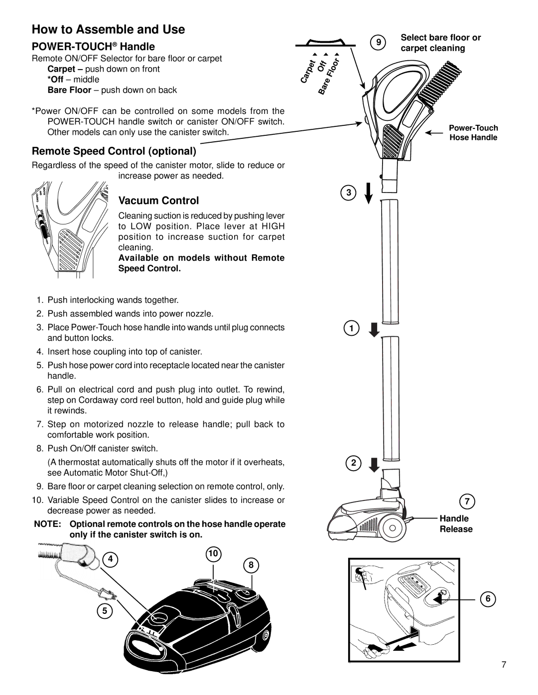 Eureka 6900 warranty Remote Speed Control optional, Select bare floor or carpet cleaning, Handle Release 