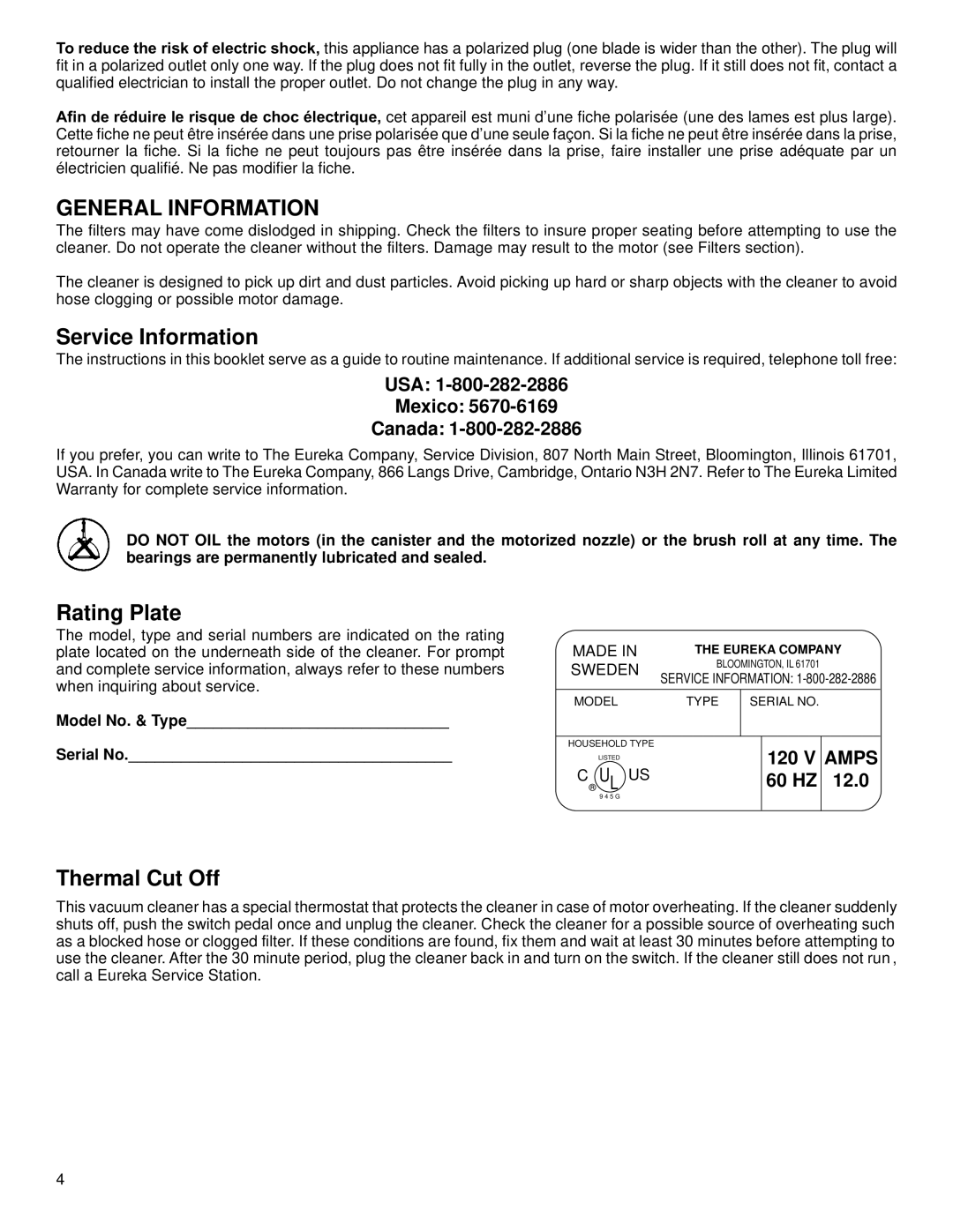 Eureka 6980 warranty General Information, Service Information, Rating Plate, Thermal Cut Off 