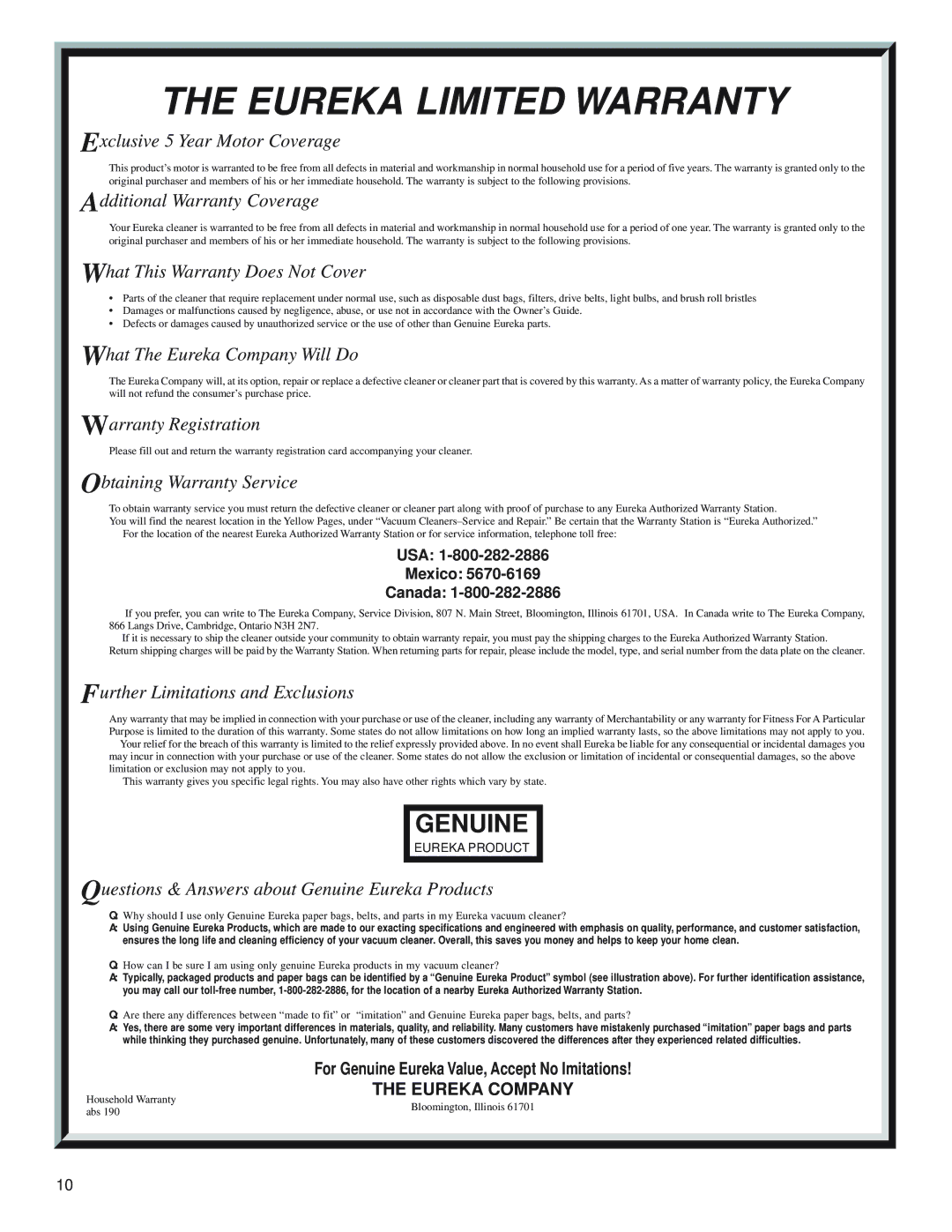 Eureka 6992 warranty Eureka Limited Warranty, USA Mexico Canada 