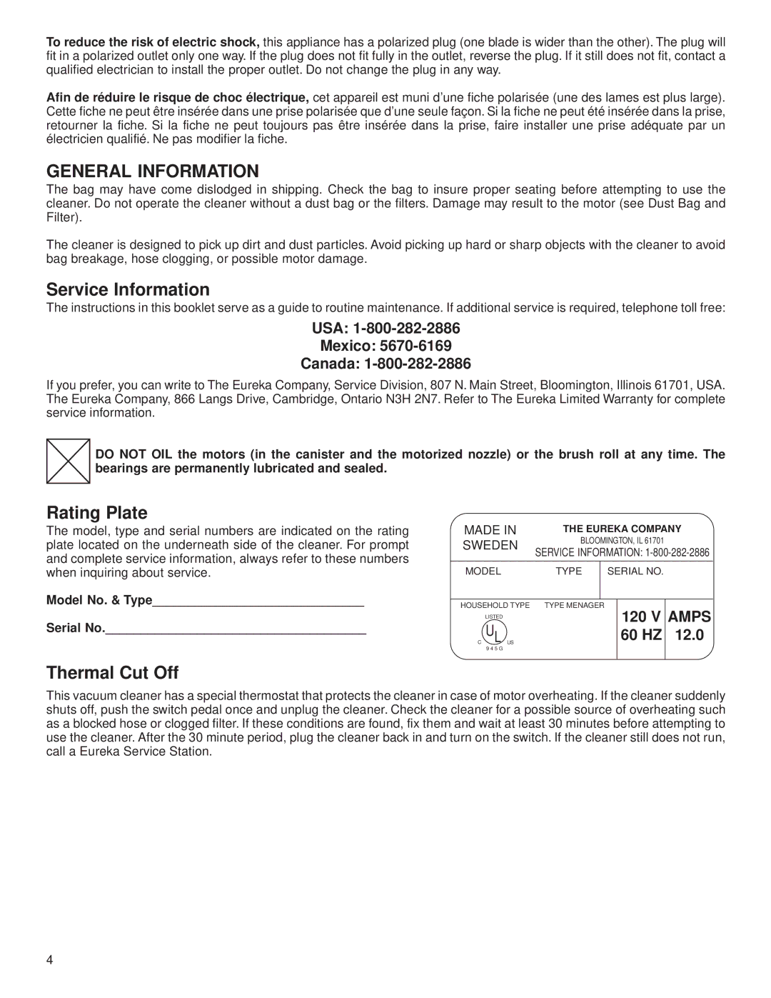 Eureka 6992 warranty General Information, Service Information, Rating Plate, Thermal Cut Off 