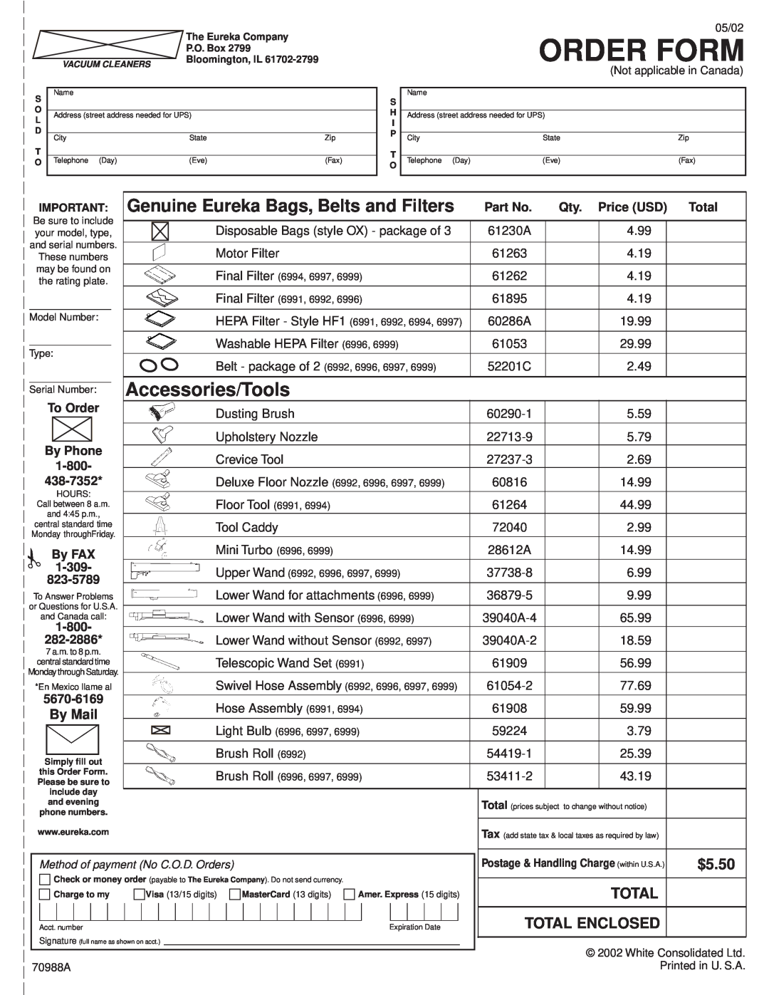 Eureka 6992 Order Form, Genuine Eureka Bags, Belts and Filters, $5.50, Total Enclosed, Qty. Price USD, By Phone, 1-800 