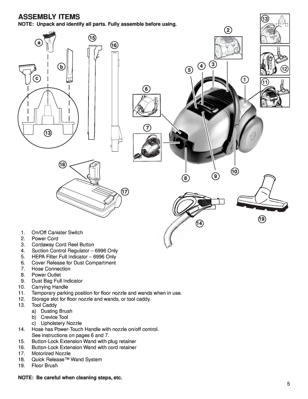 Eureka 6992 warranty Assembly Items, NOTE Unpack and identify all parts. Fully assemble before using 
