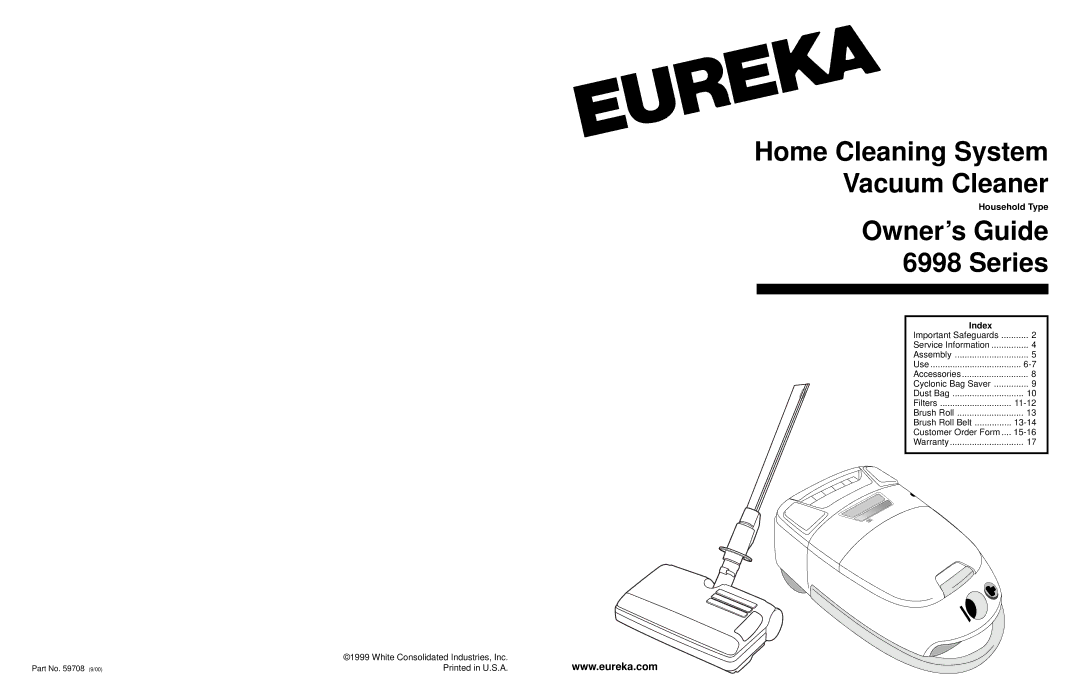 Eureka 6998 Series warranty Household Type, Index 