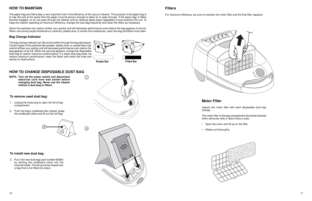 Eureka 6998 Series warranty HOW to Maintain, HOW to Change Disposable Dust BAG, Filters, Motor Filter 