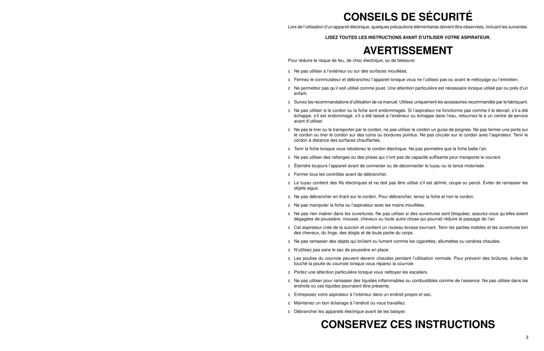 Eureka 6998 Series warranty Conseils DE Sécurité, Avertissement, Conservez CES Instructions 