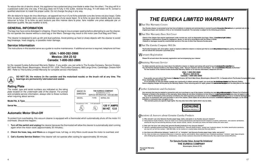 Eureka 6998 Series warranty General Information, Service Information, USA Mexico 254 23 Canada, Rating Plate 