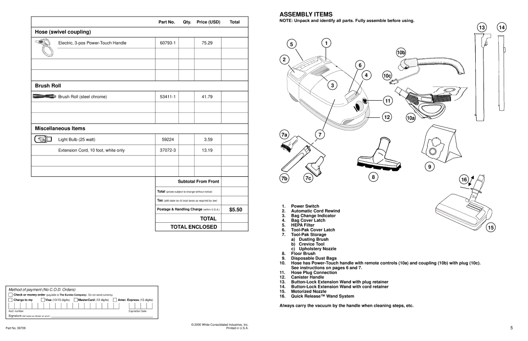 Eureka 6998 Series warranty Assembly Items, Total Total Enclosed 