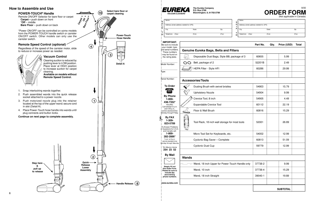 Eureka 6998 Series warranty Order Form, How to Assemble and Use 