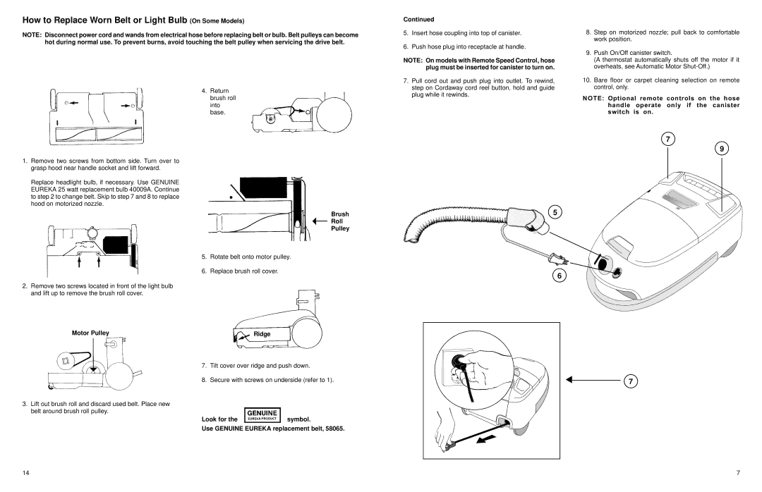 Eureka 6998 Series warranty How to Replace Worn Belt or Light Bulb On Some Models 