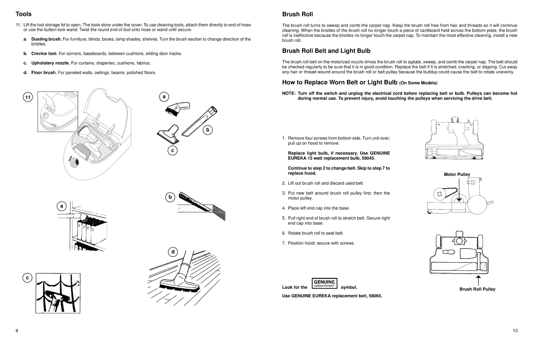 Eureka 6998 Series warranty Tools, Brush Roll Belt and Light Bulb 