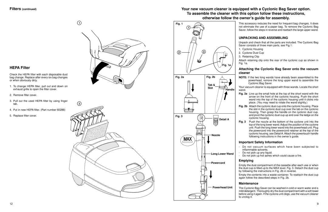 Eureka 6998 Series warranty Unpacking and Assembling, Attaching the Cyclonic Bag Saver onto the vacuum cleaner, Emptying 