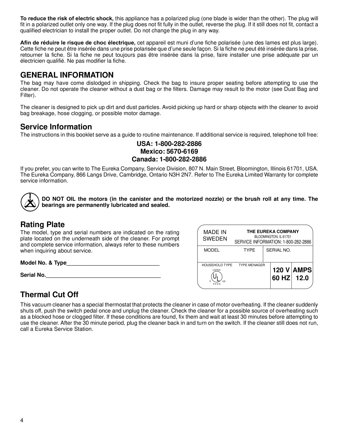 Eureka 6999, 6997 warranty General Information, Service Information, Rating Plate, Thermal Cut Off 