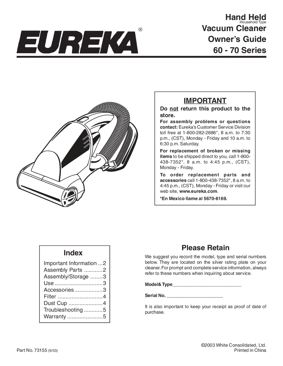 Eureka warranty 60 70 Series, Do not return this product to the store 