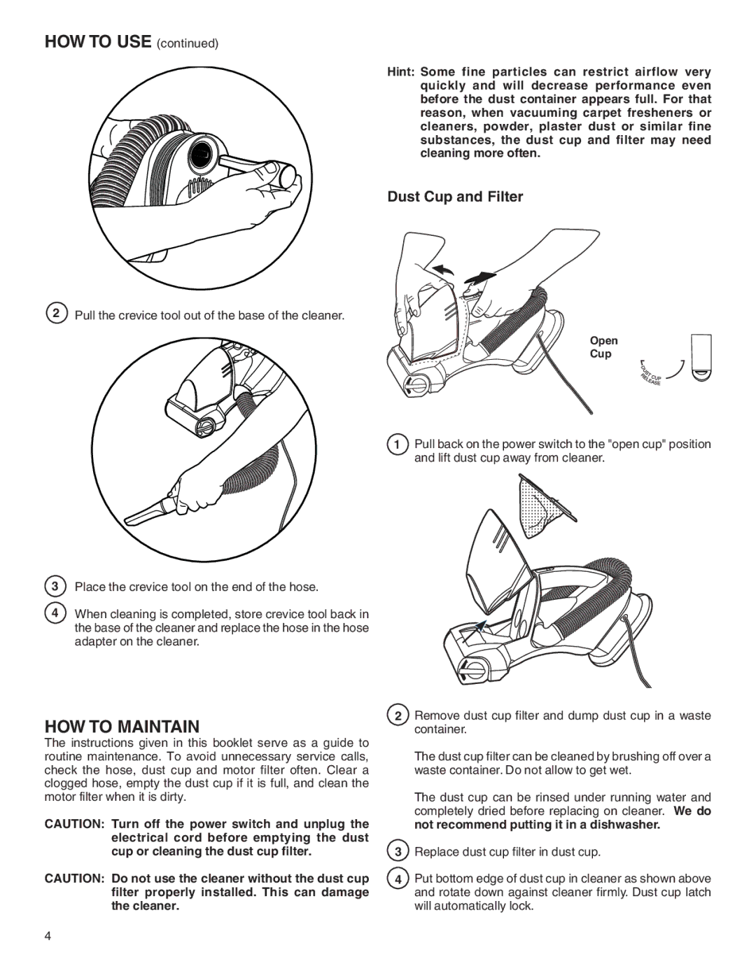 Eureka 70, 60 warranty HOW to USE, HOW to Maintain, Dust Cup and Filter 