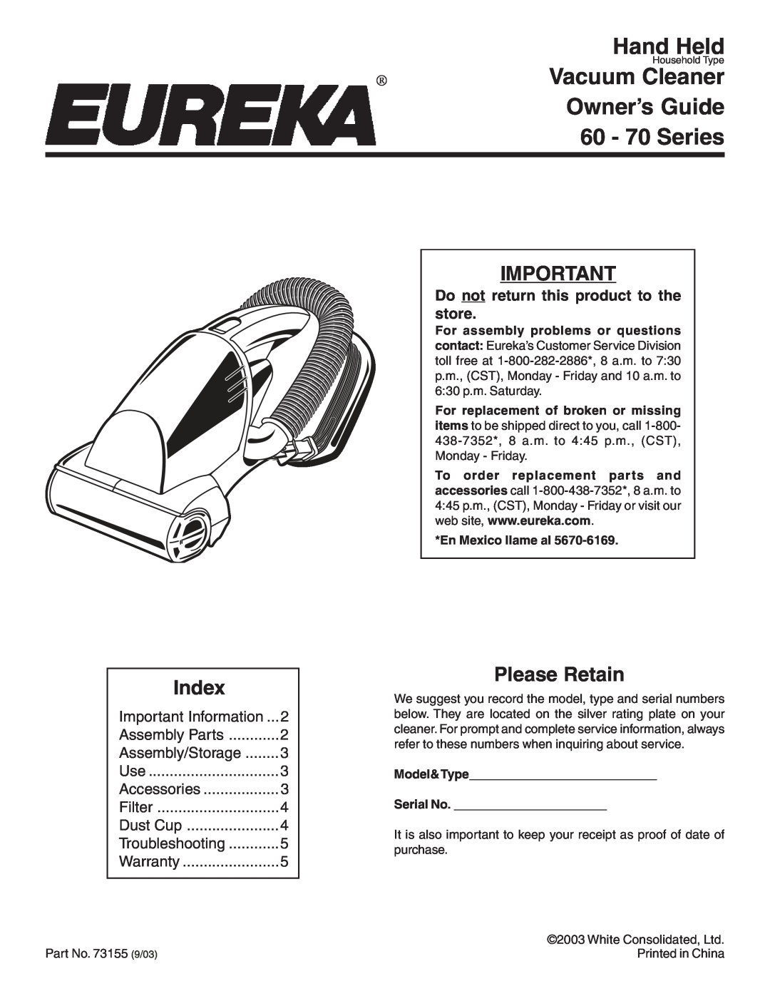 Eureka warranty Do not return this product to the store, Hand Held, Vacuum Cleaner, Owner’s Guide, 60 - 70 Series 