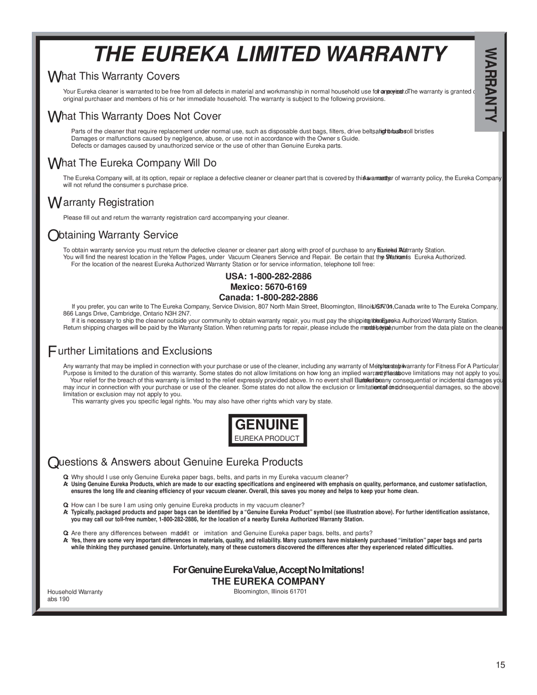 Eureka 7800, 7600 warranty USA Mexico Canada, ForGenuineEurekaValue,AcceptNoImitations 