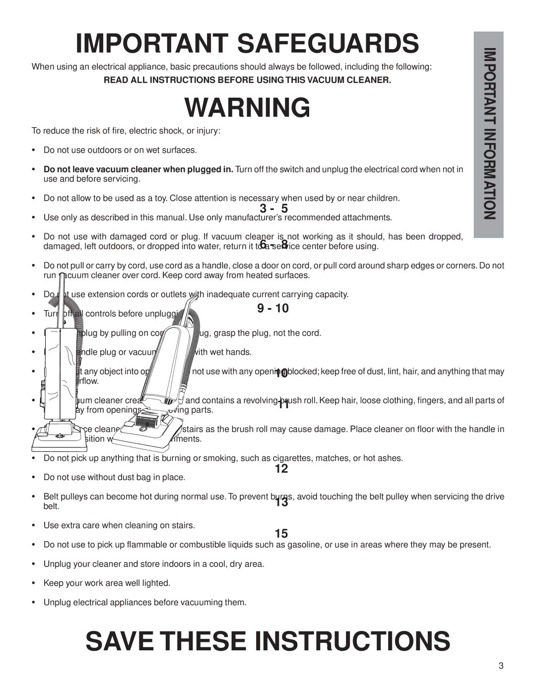 Eureka 7800, 7600 warranty Important Safeguards 