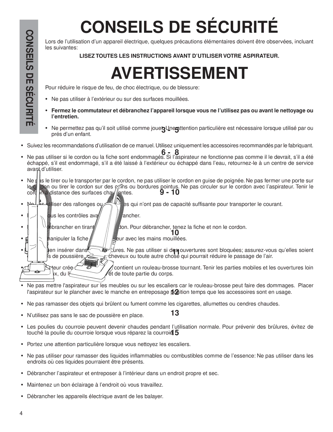 Eureka 7600, 7800 warranty Conseils DE Sécurité 