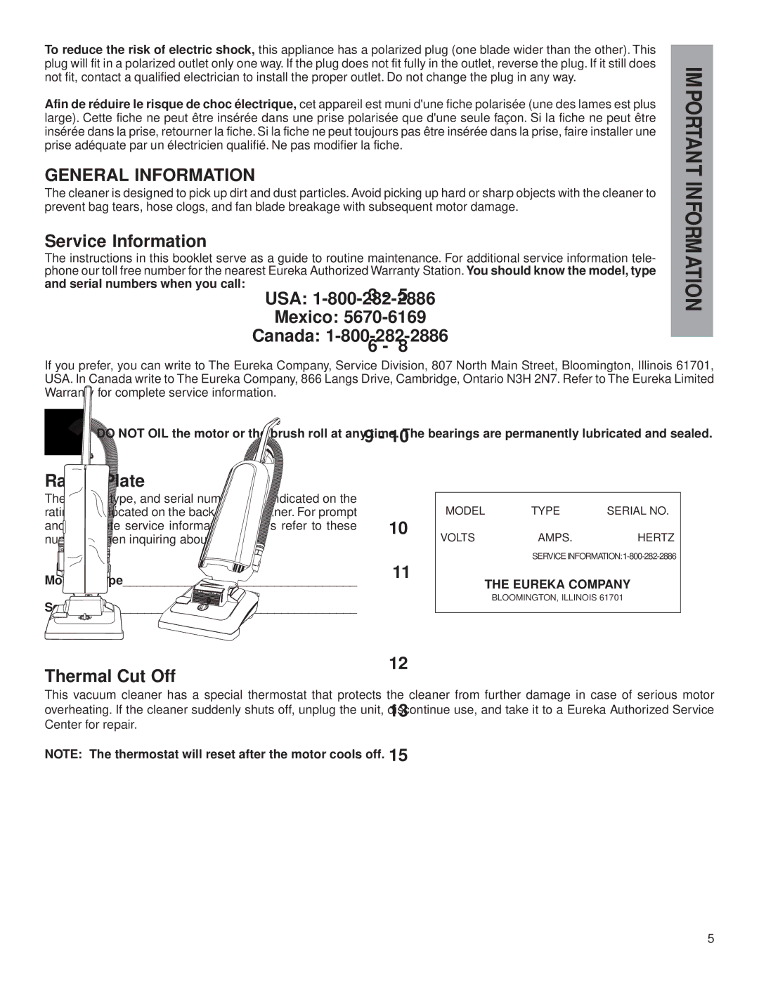 Eureka 7800, 7600 warranty General Information, Service Information, USA Mexico Canada, Rating Plate, Thermal Cut Off 