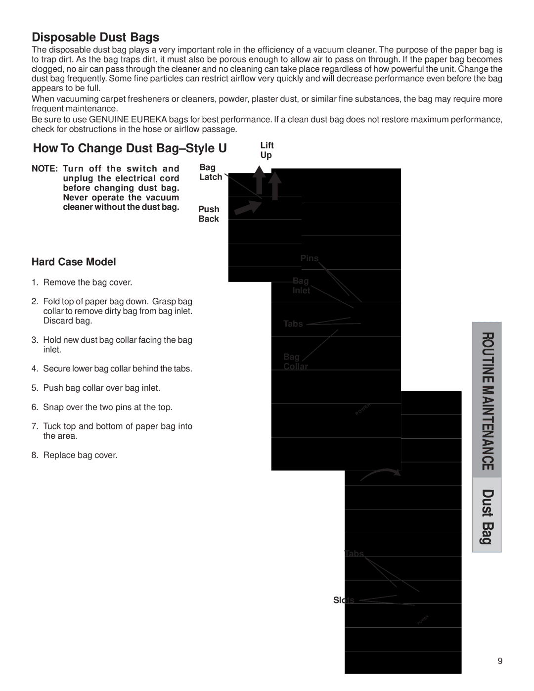 Eureka 7800, 7600 warranty Disposable Dust Bags, How To Change Dust Bag-Style U, Hard Case Model 