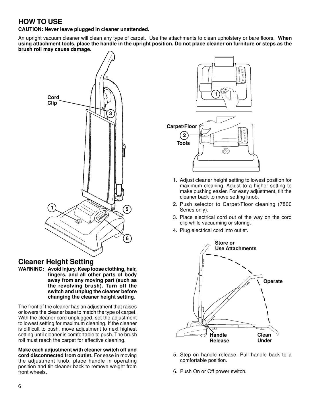 Eureka 7600, 7800 warranty HOW to USE, Cleaner Height Setting, Cord Clip Carpet/Floor Tools 