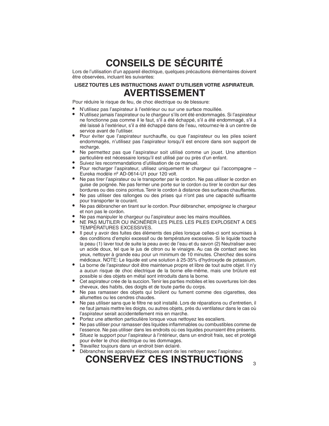 Eureka 77 warranty Conseils DE Sécurité, Avertissement, Conservez CES Instructions 