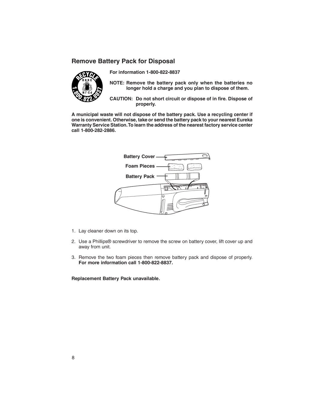 Eureka 77 warranty Remove Battery Pack for Disposal 