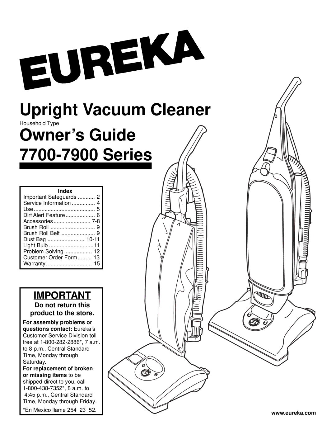 Eureka 7700-7900 warranty Do not return this Product to the store, Index 