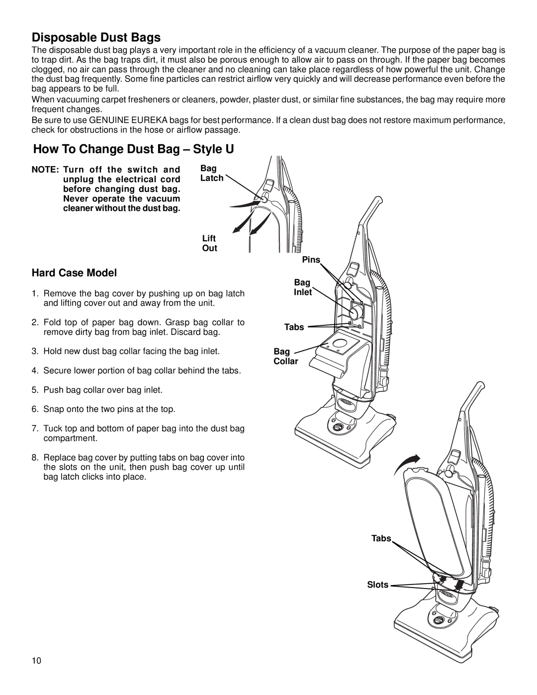 Eureka 7700-7900 Disposable Dust Bags, How To Change Dust Bag Style U, Hard Case Model, Pins Bag Inlet Tabs Collar Slots 