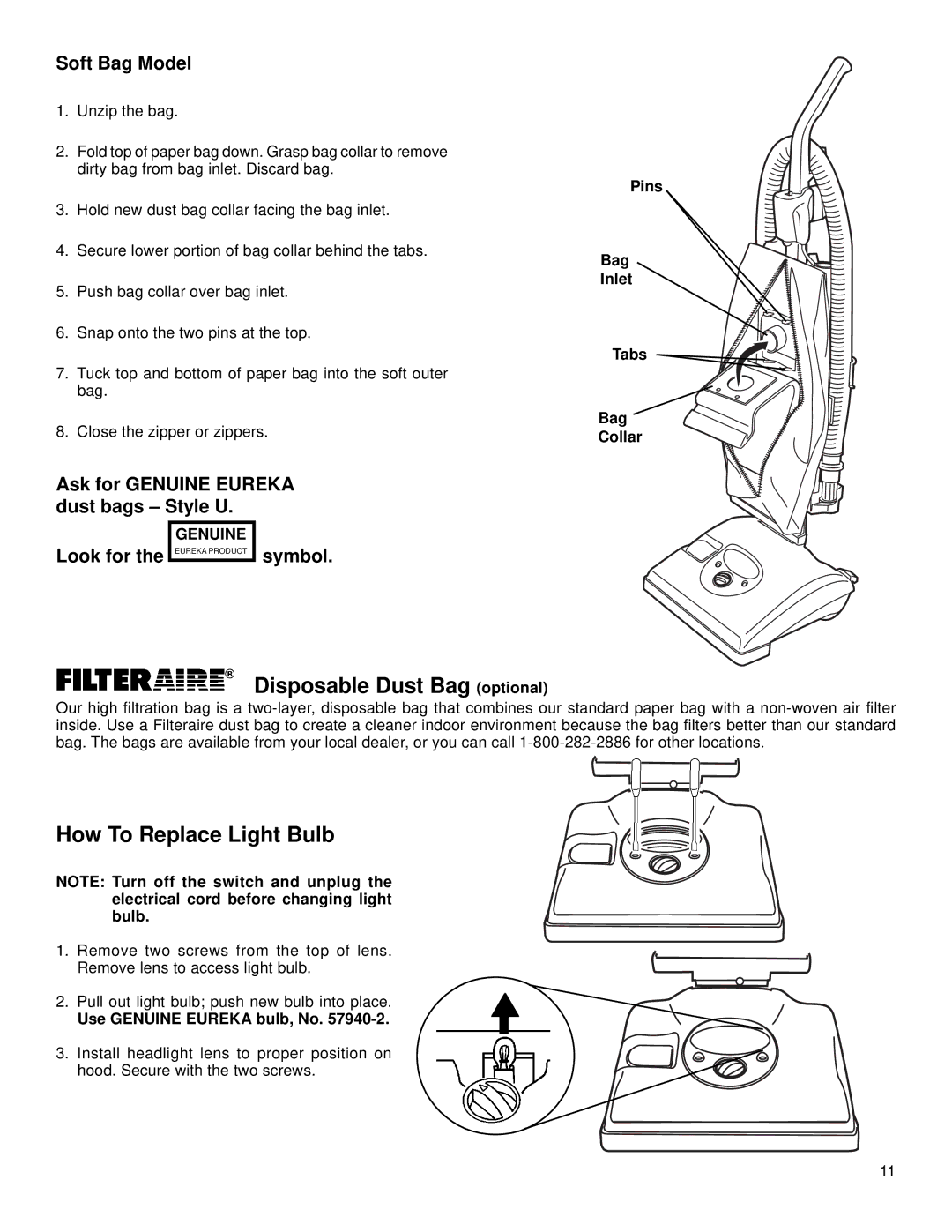 Eureka 7700-7900 warranty Disposable Dust Bag optional, How To Replace Light Bulb, Soft Bag Model 