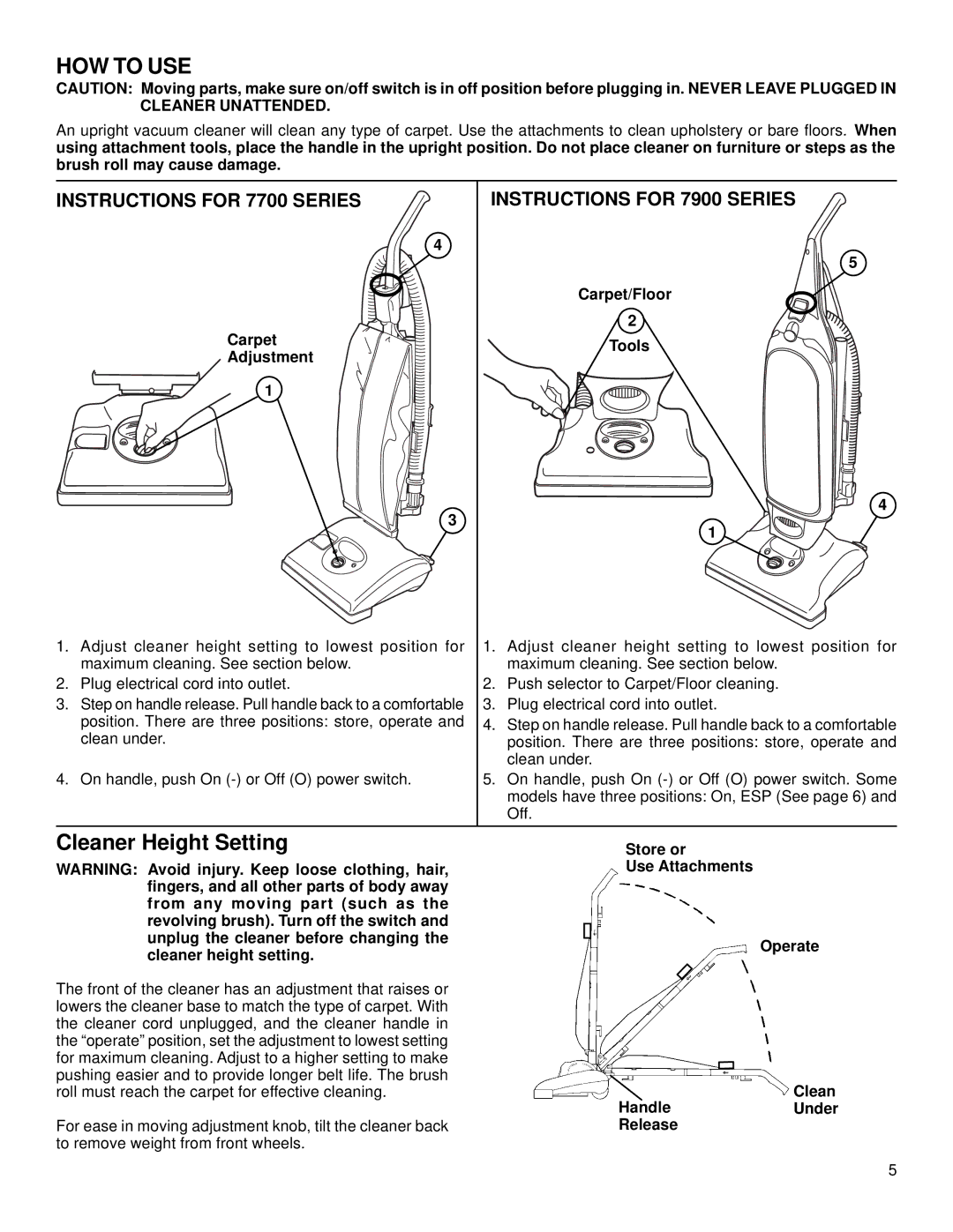 Eureka 7900, 7700 warranty HOW to USE, Cleaner Height Setting, Carpet Adjustment, Carpet/Floor Tools 